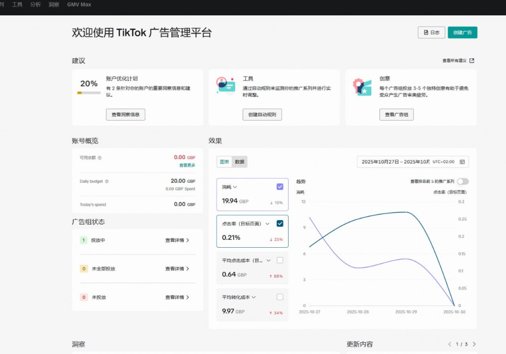 TikTok 广告管理平台引流数据展示